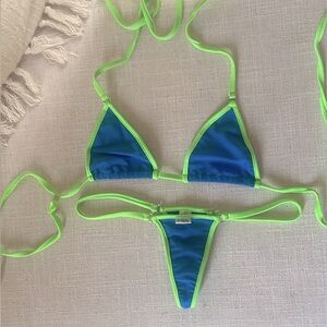Kapu Swimwear Blue and Neon Green Brazilian Bikini Set